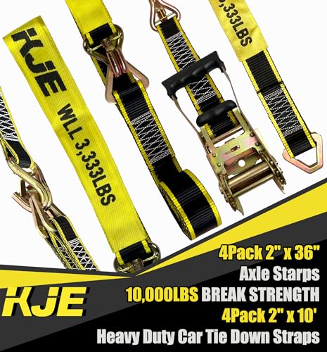 KJE Heavy Duty Car Trailer Tie Down Straps with Reflective - (4) 2" x 10' Ratchet Straps + J-Hooks with Clip, (4) Axle Straps 2" x 36'' - 10,000lbs Break Strength - Use for Car, Truck, UTV Transport