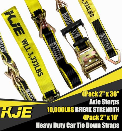 KJE Heavy Duty Car Trailer Tie Down Straps with Reflective - (4) 2" x 10' Ratchet Straps + J-Hooks with Clip, (4) Axle Straps 2" x 36'' - 10,000lbs Break Strength - Use for Car, Truck, UTV Transport
