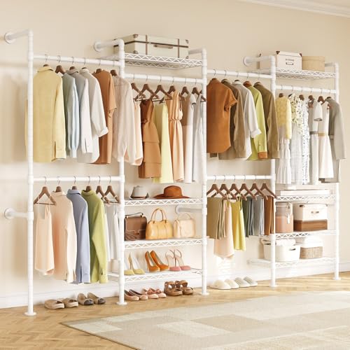 ONBRILL H4 Wall Mounted Closet System, Expandable Industrial Pipe Clothes Rack Clothing Rack for Hanging Clothes, Heavy Duty Closet Organizers and Storage in Wardrobe Closet - White - color: White