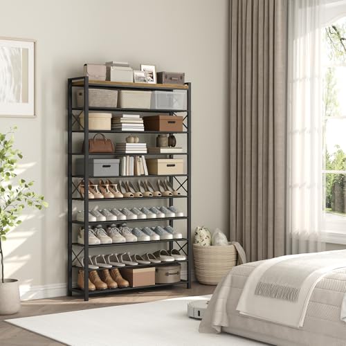 YATINEY 10-Tier Shoe Rack, 39.4" L Shoe Shelf for 45-50 Pairs of Shoes, Tall Shoe Storage Organizer with Metal Frame, Large Capacity Shoes Rack for Entryway, Closet, Rustic Brown and Black SS39BR - size: 39.4" x 11" x 68.5"
