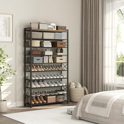 YATINEY 10-Tier Shoe Rack, 39.4" L Shoe Shelf for 45-50 Pairs of Shoes, Tall Shoe Storage Organizer with Metal Frame, Large Capacity Shoes Rack for Entryway, Closet, Rustic Brown and Black SS39BR - size: 39.4" x 11" x 68.5"