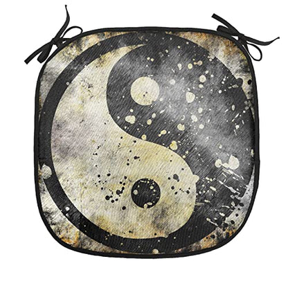 Lunarable Ying Yang Chair Cushion Pad, Grunge Style Paint Splash Effect Industrial Design Eastern Duality, Seat Padding for Kitchen & Patio with Anti-Slip Backing, 16"x16", Black Beige - color: Black Beige, size: Pack of 1