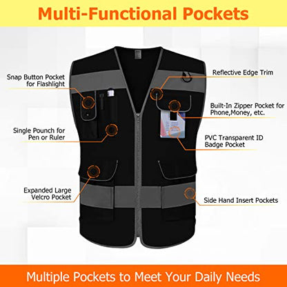 TCCFCCT Mesh Hi Vis Vest, 9 Pockets High Visibility Reflective Safety Vest for Men Women, Safety Construction Vest with Reflective Strips, Meets ANSI/ISEA Standards, (Black, Medium) - color: Black Mesh-bison 03, size: Medium