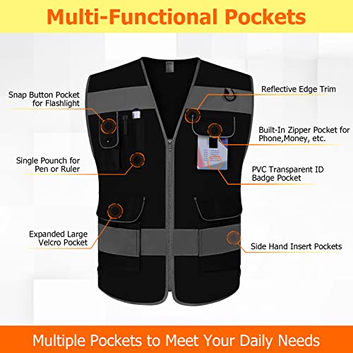 TCCFCCT Mesh Hi Vis Vest, 9 Pockets High Visibility Reflective Safety Vest for Men Women, Safety Construction Vest with Reflective Strips, Meets ANSI/ISEA Standards, (Black, Medium) - color: Black Mesh-bison 03, size: Medium