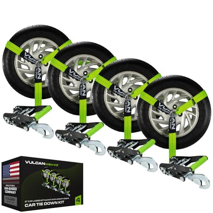 VULCAN Car Tie Down with Snap Hooks - Lasso Style - 2 Inch x 96 Inch - 4 Pack - High-Viz - 3,300 Pound Safe Working Load - size: Snap Hooks - High Viz Green (4 Pack)