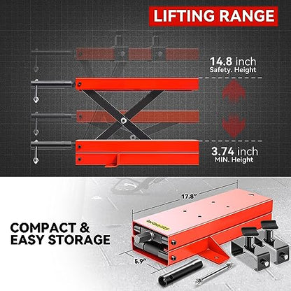 Auto Dynasty Motorcycle Lift Jack, 1100LBS Capacity Steel ATV Scissor Lift Jack Stand Hoist with Saddle and Safety Pins for Motorcycles, Bicycles, ATVs, UTVs, Dirt Bikes - size: 1100 LBS