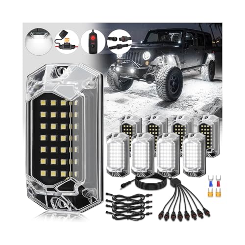 8Pods Full Angle All Pure White LED Rock Lights Full Kit Plug and Play & Pre Wired 6500K with Switch Harness Wiring Extension Fuse, 224Chips Waterproof Underglow 12V for Jeep ATV UTV SXS Offroad Truck - size: 8Pods