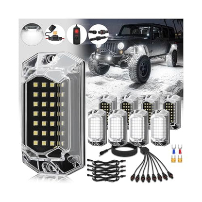 8Pods Full Angle All Pure White LED Rock Lights Full Kit Plug and Play & Pre Wired 6500K with Switch Harness Wiring Extension Fuse, 224Chips Waterproof Underglow 12V for Jeep ATV UTV SXS Offroad Truck - size: 8Pods