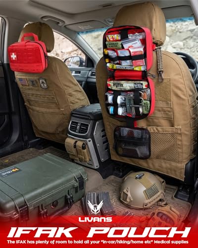 LIVANS Tactical Molle Medical Pouch - Upgraded Size, Large Capacity IFAK Pouch with Detachable Quick Release and Headrest Mount, Includes Flag and Cross Patch - color: Red