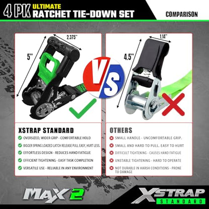 XSTRAP STANDARD 4PK Motorcycle Ratchet Straps, 1" x 15ft, 2,200 lbs Break Strength Tie Down Straps with Safety Lock S-Hooks, Soft Loop Straps and Stickers for Trucks, Cargo, Moving (Black) - size: Black-2200 lbs-4Loops