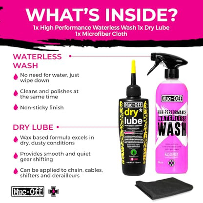 Muc-Off Waterless Wash & Dry Bike Chain Lube Bundle | 750ml High-Performance Bike Cleaner Spray + 120ml Wax-Based Chain Lube | No Rinse Bike Wash + Dry Weather Lubrication - size: 29.42 Fl Oz (Pack of 2)
