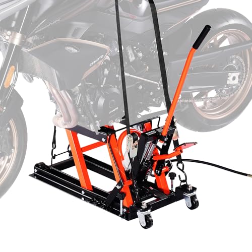 VEVOR Motorcycle Lift, 1500lbs Weight Capacity, Hydraulic & Pneumatic Motorcycle Jack, 4.1-15 in Height Range, Heavy Duty Bike Repair Stand with Removable Ramp with 2 Casters for ATVs, Dirt Bike