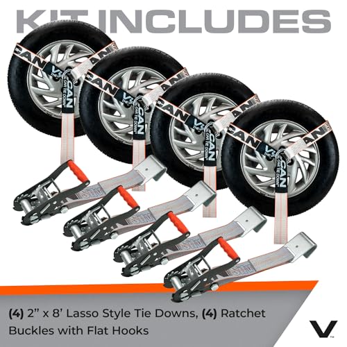 VULCAN Car Tie Down with Flat Hooks - Lasso Style - 2 Inch x 96 Inch - 4 Pack - Silver Series - 3,300 Pound Safe Working Load - size: Flat Hooks - Silver Series (4 Pack)