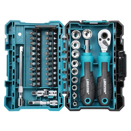 LIBRATON 1/4" Drive Mini Socket & Ratchet Wrench Set with Bits, 4-13mm Shallow Sockets, Magnetic Driver Handle, Extension Bars & Universal Joint, with Storage Case for DIY, Auto Repair