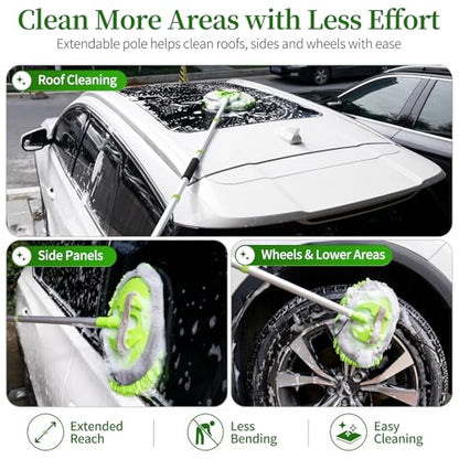 Car Wash Brush with Long Handle - 62" Car Wash Kit with Chenille Microfiber Cleaning Brush, Car Washing Mop with 3 Replacement Mitts, Scratch-Free Scrub Washer Wand for Vehicles, RV, Truck Green - color: Green