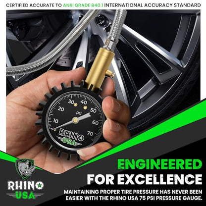Rhino USA Heavy Duty Tire Pressure Gauge (0-75 PSI) - Certified ANSI B40.1 Accurate, Large 2" Easy Read Glow Dial, Premium Braided Hose, Solid Brass Hardware, Best for Any Car, Truck, Motorcycle, RV - size: 75 PSI Compact