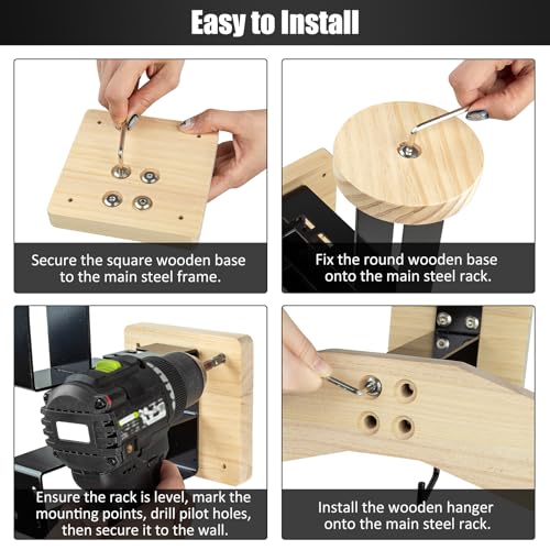 Wall Mount Helmet Holder, Motorcycle Cap Gear Rack, Pine Wood & Iron with Hook, Multi-Purpose Display Hanger for Jackets, Hats