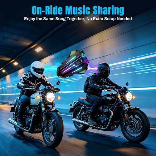Motorcycle Helmet Bluetooth,6.0 Communication Helmet Speakers Dual Intercom & Music Sharing, Universal Bluetooth Pairing, 4 Custom RGB Light Modes, 2 Mics, IPX6 Noise Cancellation