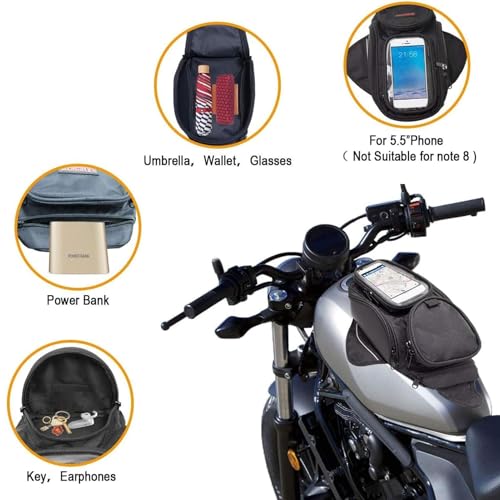 Motorcycle Tank Bag - Water Resistant Motorbike Bag | Magnetic & Strap Mount | 6.7 Inch Capacity | Black Oxford Cloth | 12.6x7.09x5.12 Inches | Powersports Tank Bag