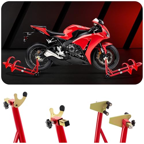 Universal Motorcycle Stand Front Rear Combo, 850 LBS Heavy Duty Wheel Lift Stands with Adjustable Swingarm Spool, Motorcycle Lift fits for Suzuki, Yamaha, Honda, Red - color: Red-2pcs