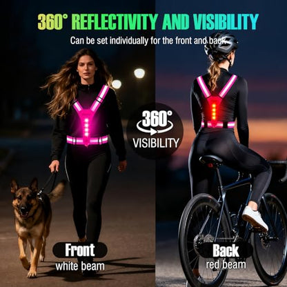 YOSKY 8 LED Running Reflective Gear Rechargeable Adjustable Running Lights Vest Safety Night Reflective Vest - color: Pink