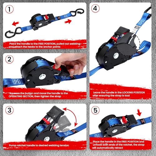 Retractable Ratchet Straps 4 Pack, 1 in x 12 FT Auto Ratchet Straps for Motorcycle, Kayak and Trucks, Breaking Strength 1,500LBS/500LBS Working Load Limit Blue - color: Blue