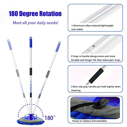 62" Car Wash Brush Mop Kit with Long Handle, 2 in 1 Chenille Microfiber Sponge Mitt Cleaning Detailing Duster for Washing Cars Truck SUV RV Caravans and Household(2 x Mop Head) (Blue) - color: Blue