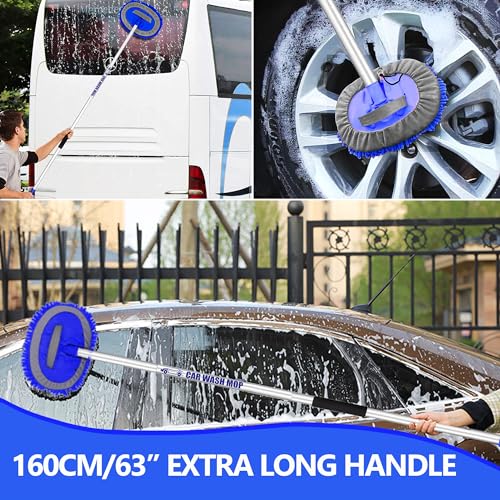63” Long Handle Car Wash Brush Microfibre Extendable Cleaning Mop Mitt for Caravan Truck Van Tyre Window Wheel Roof 2 in 1 Interior Duster Remover Scratch Free Clean Product 3 Replacement Head
