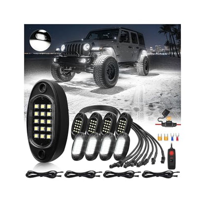 8Pods All Pure White LED Rock Lights Full Kit Plug and Play & Pre Wired 6500K with Switch Wiring Harness Extension Fuse, 120Chips Waterproof 12V for Jeep Truck Trailer Offroad ATV UTV SXS - size: 8Pods ABS