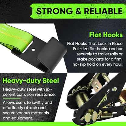 4 Pack Car Tie Down Straps for Trailers - 2" x 96" - 9900LBS Break Strength - Heavy Duty Tire Ratchet Straps with Flat Hooks for Hauling UTV, SUV, Truck, Any Cars - color: Green