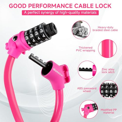 Bike Lock, 3.9 Feet 4-Digit Resettable Combination Password Anti-Theft Cable Lock, Cute Coiled Bike Lock with Mounting Bracket, Suitable for Bicycles, Electric Scooters, Ebikes (Pink-10mm) - color: Pink-10mm
