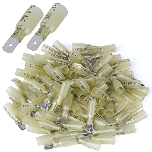 100 PCS 12-10 AWG Waterproof Heat Shrink Quick Disconnect Connectors, Crimp Electrical Wire Male Spade Connectors Insulated Disconnect for Marine Automotive Motorcycle Home Wiring (Yellow) - size: [12-10 AWG] Male x 100