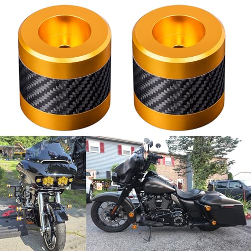 Advanblack ProTek Machined Harley Crash Bar Sliders 1.25" Decorative Wheel Rotatable End For Front Engine Guard Rear Saddlebag Guards (Gold CNC w/Carbon Inlay) - color: Gold CNC w/ Carbon Inlay
