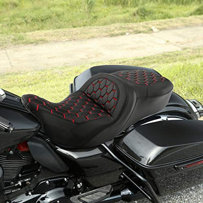 C.C. RIDER Motorcycle Driver Passenger Seat - Fat Diamond Pro 2-Up One-Piece Seat fit for Harley Touring Road King FLHR Street Glide FLHX Road Glide FLTRX 2009-2023, Red Stitching - color: Red Stitching