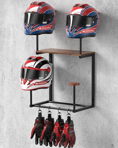 Motorcycle Helmet Holder Wall Mount, Solid Wood and Metal Helmet Rac, Motorcycle Accessories Gear Storage Organizer for Entryway or Garage - color: Retro Black