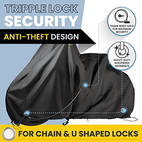 Waterproof Bicycle Cover for Outdoor Storage - Fits 1 or 2 Mountain, Road, Electric Bikes - Anti Theft Lock Holes for Frame Body & Wheels - Premium Heavy Duty Ripstop Fabric. For Rain or Snow.