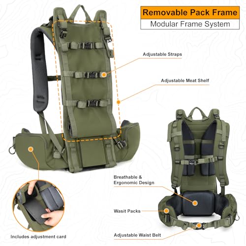 MOXULE Pro 5000 Frame Backpack - Meat Hauler Pack with Rain Cover for Outdoor- Lightweight, Green - color: Green 80l