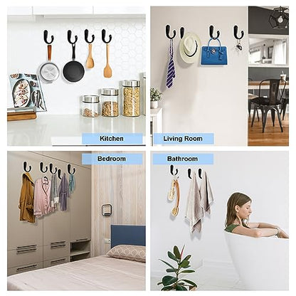 Kruodop 4 Pack Wall Hooks Wall Mounted Coat Hooks for Hanging Heavy Duty, Black Towel Hooks, Metal Single Coat Hanger with Screws Cup Retro for Coats, Handbags, Towels