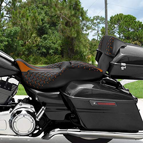 C.C. RIDER Motorcycle Seat Driver Passenger Touring Seat with Backrests for Harley Davison Electra Glide Classic Street Glide Road Glide 2014-2023 - color: Black Orange Seat + Tour Pack Backrest