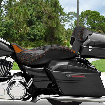 C.C. RIDER Motorcycle Seat Driver Passenger Touring Seat with Backrests for Harley Davison Electra Glide Classic Street Glide Road Glide 2014-2023 - color: Black Orange Seat + Tour Pack Backrest