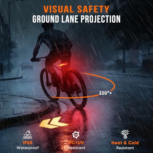 Vcwtty Smart Bike Tail Light, Wireless Remote Turn Signals with 120dB Audio Warning & Virtual Lane Projection, USB-C Rechargeable Rear Cycling Light, IP65 Waterproof Anti-Collision Safety Signal