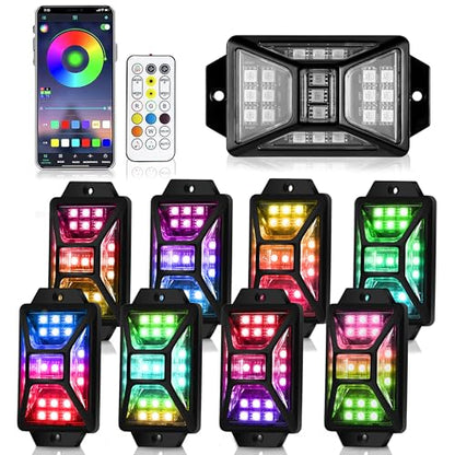 8 Pods Full Angle RGB Rock Lights Compatible with 12V Trucks Jeep UTV SUV ATV Boat Golf Cart, Waterproof, Multi-Color,Brake Light, App/Remote Control Led Rock Lights with Music Mode(Patented) - size: 8 Pods-Full Angle-(New 3 Control Mode)-12V