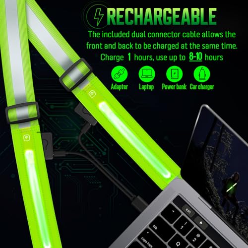 LED Reflective Sash Safety Gear, Running Lights for Runners at Night, High Visibility USB Rechargeable Light for Jogging Running Cycling Walking Motorcycle. - color: Green