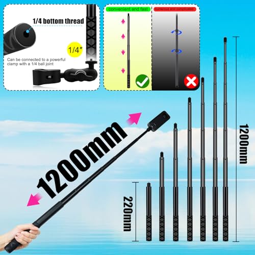 Motorcycle Mount Kit with 47" Invisible Selfie Stick Compatible for Insta 360 X5 X4 X3 X2 X RS GO 3 Heavy-Duty Double Clamp Camera Bike ATV RV Mount Kit Compatible for Gopro 13-8, Osmo 360, Osmo Nano