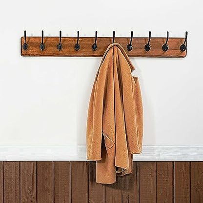 WEBI Rustic Coat Rack Wall Mount,10 Hooks,38 9/16" Long Coat Hooks Wall Mounted,16’’ Hole to Hole,Wood Coat Hanger Wall,Hook Rack Hooks for Hanging Coats,Jacket,Clothes,Hats,Brown - color: Brown Wood/Black Hook, size: 38.2 Inch-10 Hooks