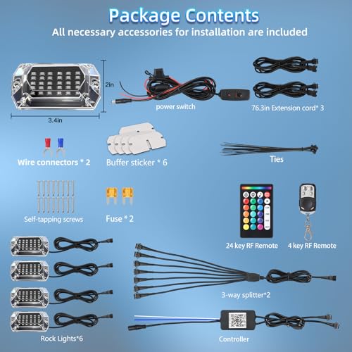 6Pods Full Angle RGB LED Rock Lights Kit with APP/RF Remote Control, led Underglow Lights with Brake Multicolor Neon Underbody Lights Waterproof 12V for Trucks Pickup Jeep Golf Cart SXS ATV - size: 6 Pods