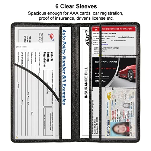 Car Registration and Insurance Holder, 2 Pack Glitter Leather Vehicle Glove Box Organizer with Magnetic Shut for Document, Cards, Driver License, Black and Silver Bundle