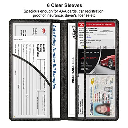 Car Registration and Insurance Holder, 2 Pack Glitter Leather Vehicle Glove Box Organizer with Magnetic Shut for Document, Cards, Driver License, Black and Silver Bundle