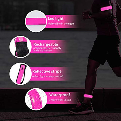 2 Pack Rechargeable LED Reflective Armband, High Brightness High Visibility Night Safety Light Band, Wearable Flashing LED Gear for Running, Walking, Biking and Outdoor Activities - color: L Pink