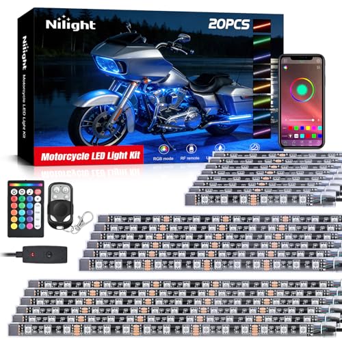 Nilight 20PCS Motorcycle RGB LED Light Kit Waterproof Multi Color Atmosphere Neon Accent Lights Lamp APP and Remote Control Underbody Strips for Harley Davidson Honda Kawasaki Yamaha Suzuki - color: 20Pcs RGB LED Strip-APP